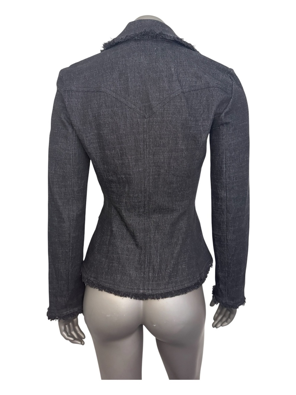 Cache Denim Blazer Jacket Womens 2 Black Frayed-Trim Notched Office - Picture 2 of 14